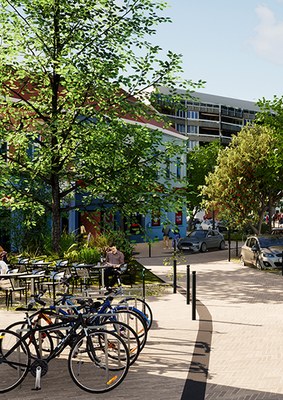 Over bomen op het Keymplein